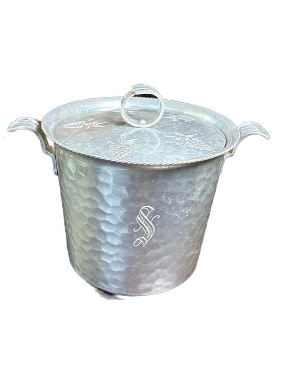 Vintage Buenilum Hand Wrought Hammered Aluminum Ice Bucket Lid Grape Detail